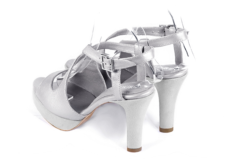 Light silver and pearl grey women's open back sandals, with crossed straps.. Rear view - Florence KOOIJMAN